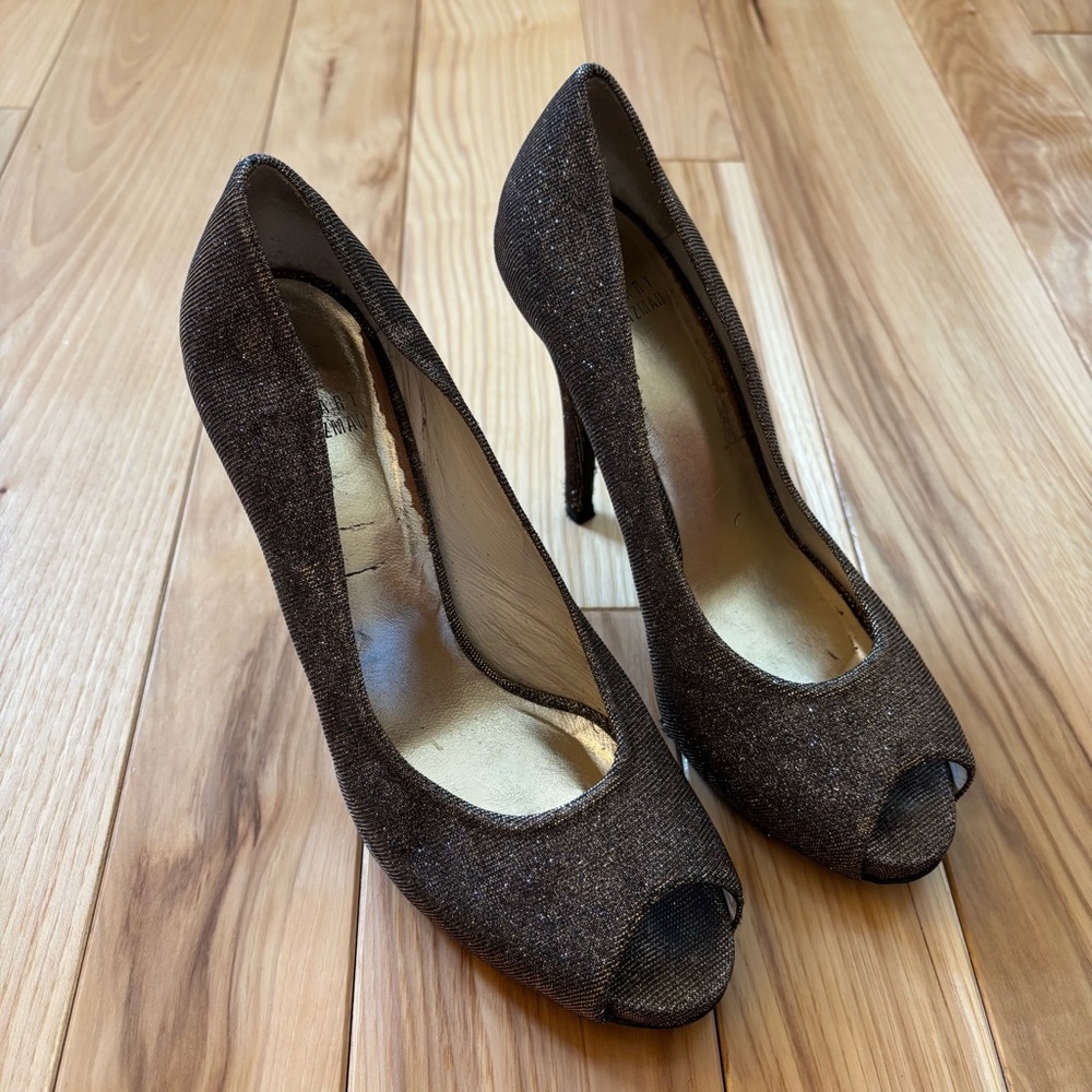 Stuart Weitzman Evebaton Platform Peep Toe Heels Pyrite Nocturn Metallic Shimmer